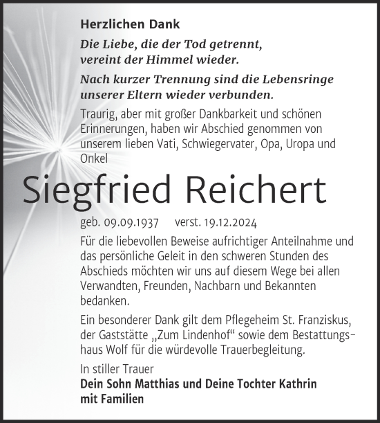 Traueranzeige von Siegfried Reichert von Trauerkombi Weißenfels