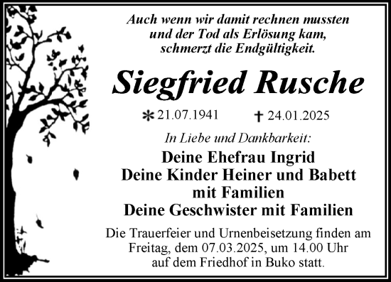 Traueranzeige von Siegfried Rusche von Trauerkombi Wittenberg