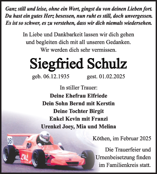 Traueranzeige von Siegfried Schulz von Trauerkombi Köthen