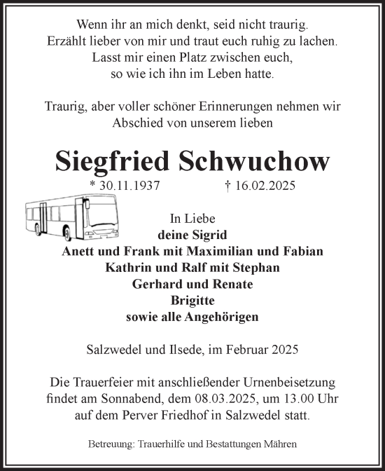 Traueranzeige von Siegfried Schwuchow von Volksstimme Altmark West