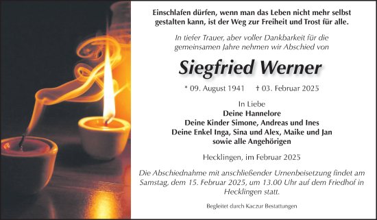 Traueranzeige von Siegfried Werner von Volksstimme Staßfurt