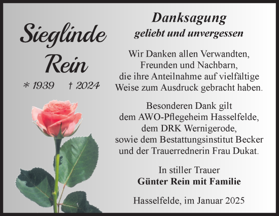 Traueranzeige von Sieglinde Rein von Volksstimme Wernigerode