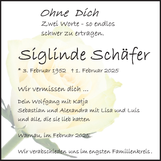 Traueranzeige von Sieglinde Schäfer von Volksstimme Altmark Ost