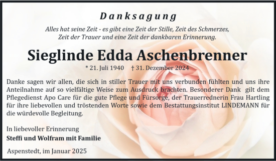 Traueranzeige von Sieglinde Edda Aschenbrenner von Volksstimme Halberstadt