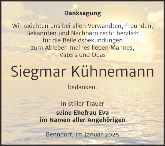 Traueranzeige von Siegmar Kühnemann von Trauerkombi Mansfelder Land