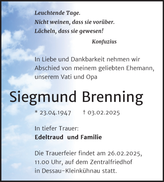 Traueranzeige von Siegmund Brenning von Trauerkombi Dessau