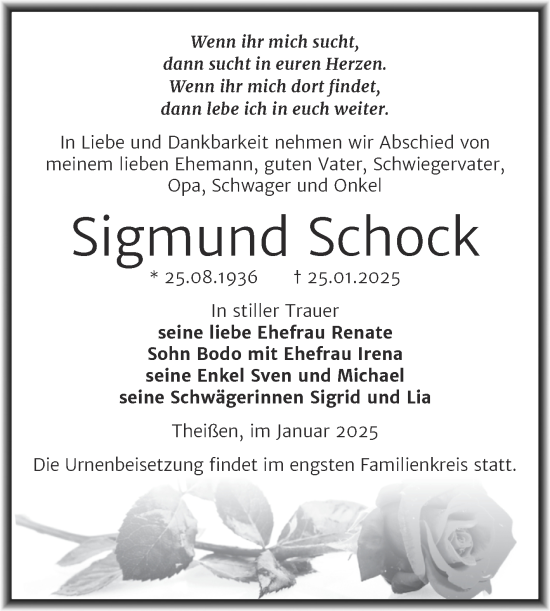 Traueranzeige von Sigmund Schock von Trauerkombi Zeitz