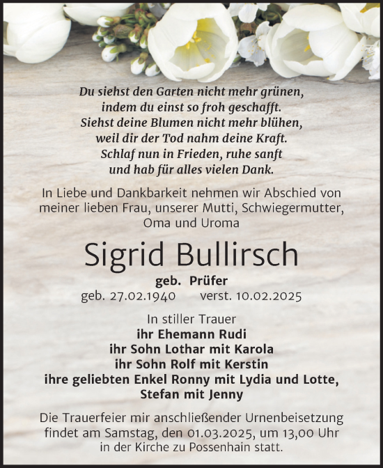 Traueranzeige von Sigrid Bullirsch von Super Sonntag Naumburg/Nebra