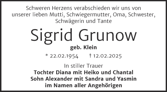 Traueranzeige von Sigrid Grunow von Trauerkombi Bernburg