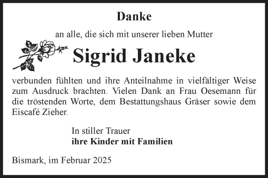 Traueranzeige von Sigrid Janeke von Volksstimme Altmark Ost