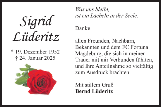 Traueranzeige von Sigrid Lüderitz von Volksstimme Magdeburg