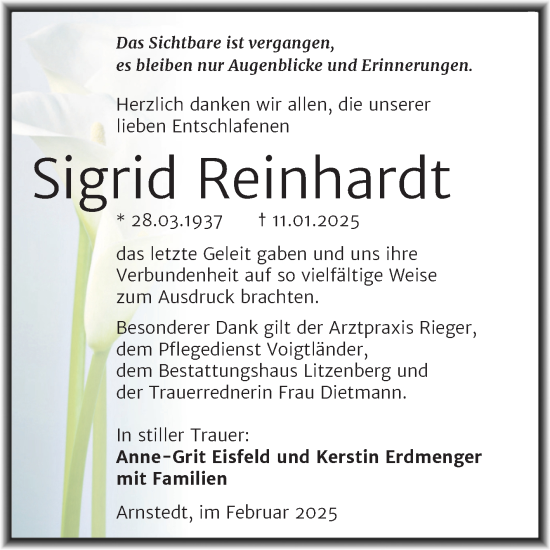 Traueranzeige von Sigrid Reinhardt von Trauerkombi Mansfelder Land