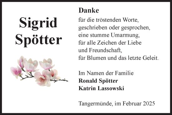 Traueranzeige von Sigrid Spötter von Volksstimme Altmark Ost
