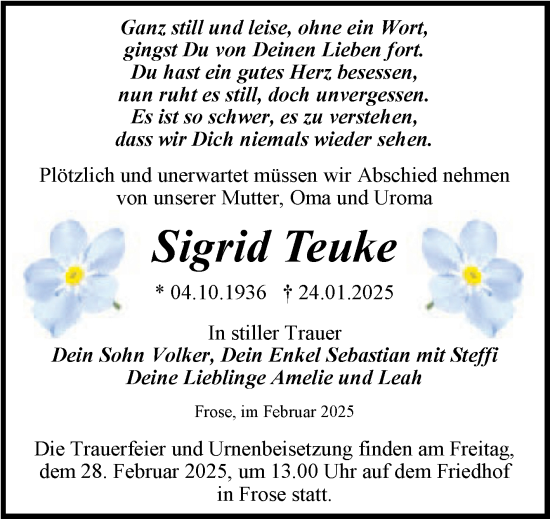Traueranzeige von Sigrid Teuke von Trauerkombi Aschersleben