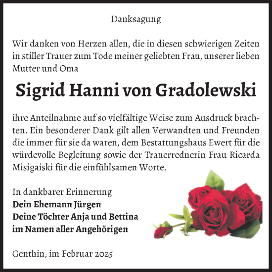 Traueranzeige von Sigrid Hanni von Gradolewski von Volksstimme Burg/Genthin