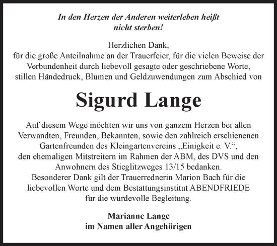 Traueranzeige von Sigurd Lange von Volksstimme Magdeburg