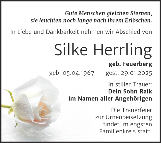 Traueranzeige von Silke Herrling von Trauerkombi Mansfelder Land