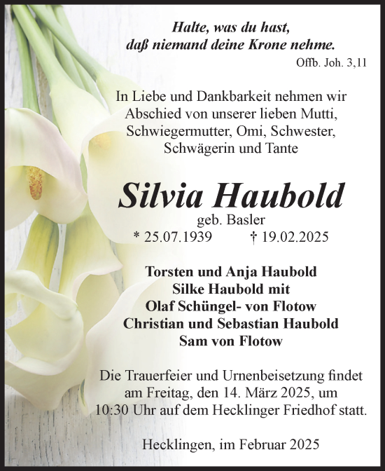 Traueranzeige von Silvia Haubold von Volksstimme Staßfurt