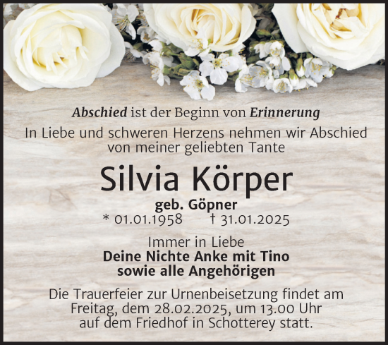 Traueranzeige von Silvia Körper von Trauerkombi Merseburg