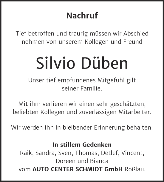 Traueranzeige von Silvio Düben von Super Sonntag Dessau-Roßlau