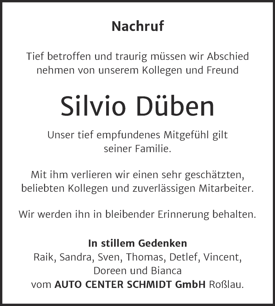  Traueranzeige für Silvio Düben vom 08.02.2025 aus Super Sonntag Dessau-Roßlau