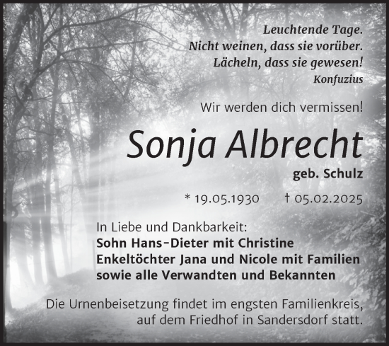 Traueranzeige von Sonja Albrecht von Trauerkombi Bitterfeld
