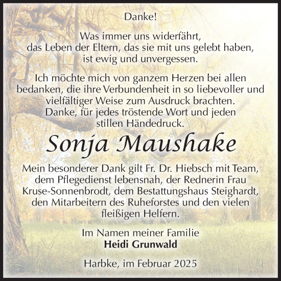 Traueranzeige von Sonja Maushake von Volksstimme Oschersleben/Wanzleben