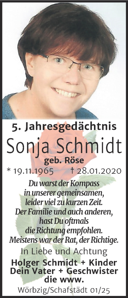  Traueranzeige für Sonja Schmidt vom 01.02.2025 aus Trauerkombi Köthen