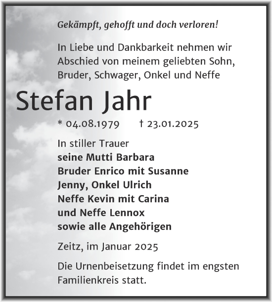 Traueranzeige von Stefan Jahr von Trauerkombi Zeitz