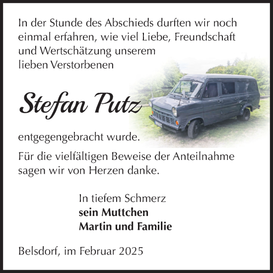 Traueranzeige von Stefan Putz von Volksstimme Haldensleben/Wolmirstedt