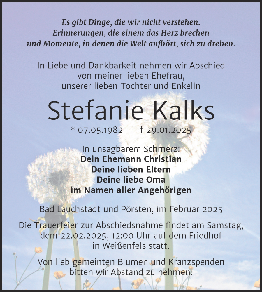  Traueranzeige für Stefanie Kalks vom 15.02.2025 aus Trauerkombi Weißenfels