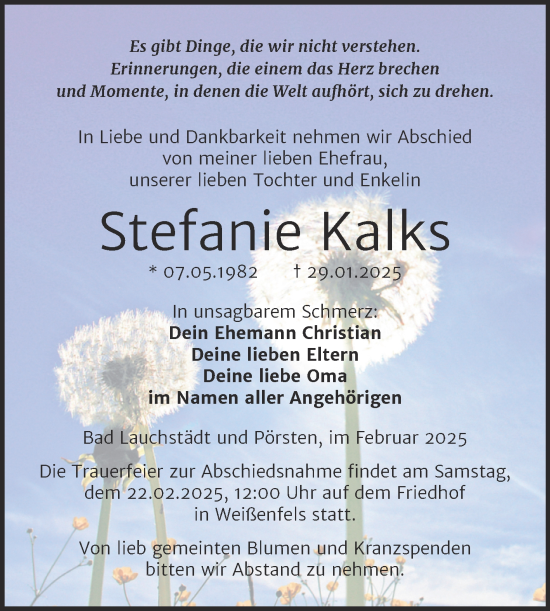 Traueranzeige von Stefanie Kalks von Trauerkombi Weißenfels