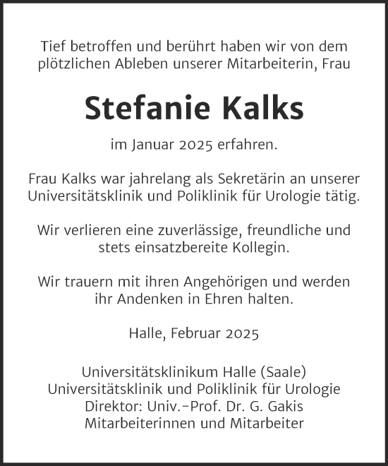 Traueranzeige von Stefanie Kalks von Mitteldeutsche Zeitung Halle/Saalkreis