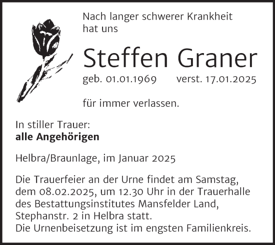 Traueranzeige von Steffen Graner von Trauerkombi Mansfelder Land