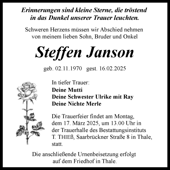Traueranzeige von Steffen Janson von Trauerkombi Quedlinburg