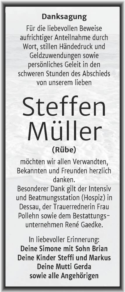 Traueranzeige von Steffen Müller von Trauerkombi Köthen