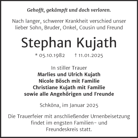 Traueranzeige von Stephan Kujath von Trauerkombi Wittenberg