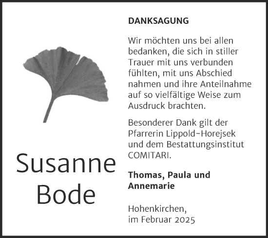 Traueranzeige von Susanne Bode von Trauerkombi Zeitz