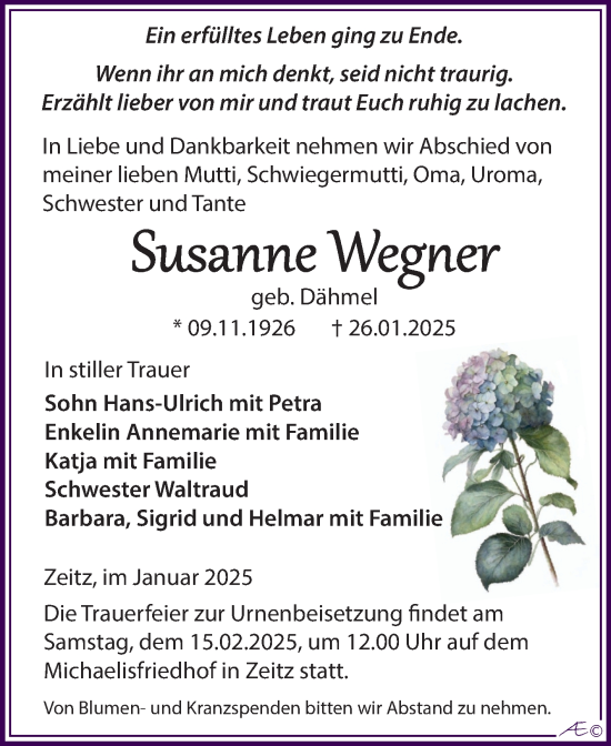 Traueranzeige von Susanne Wegner von Trauerkombi Zeitz