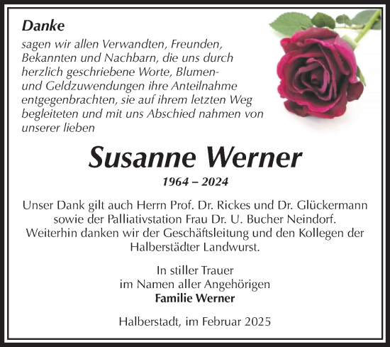 Traueranzeige von Susanne Werner von Volksstimme Halberstadt
