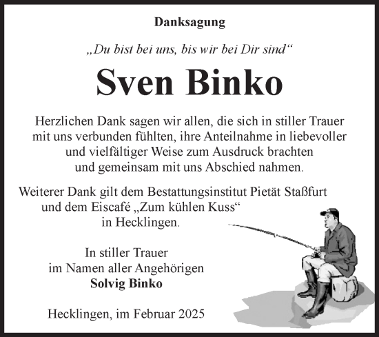 Traueranzeige von Sven Binko von Volksstimme Staßfurt