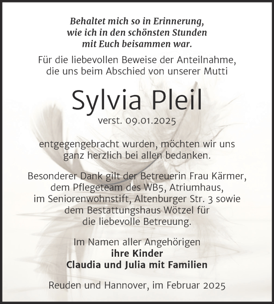 Traueranzeige von Sylvia Pleil von Trauerkombi Zeitz