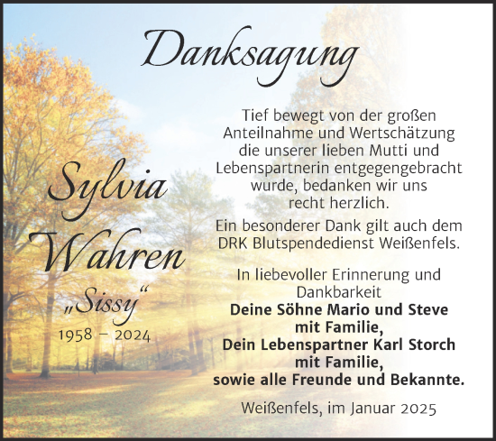Traueranzeige von Sylvia Wahren von Trauerkombi Weißenfels