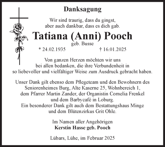 Traueranzeige von Tatiana Pooch von Volksstimme Burg/Genthin