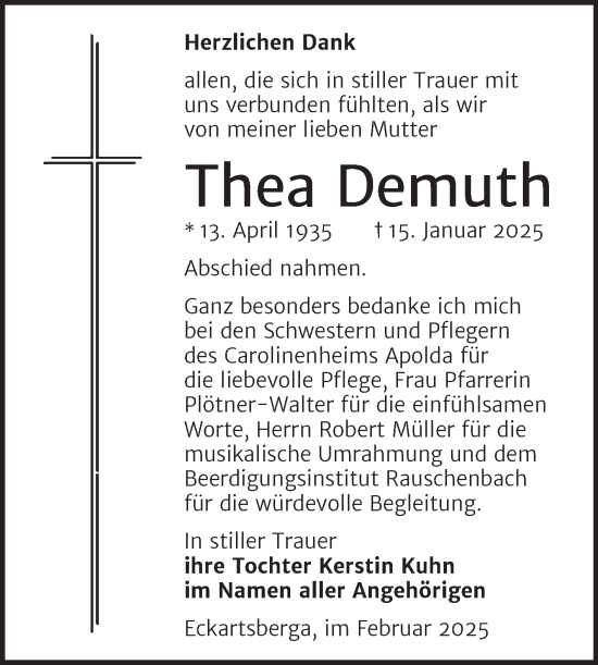 Traueranzeige von Thea Demuth von Naumburger Tageblatt