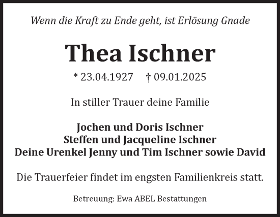 Traueranzeige von Thea Ischner von Volksstimme Magdeburg