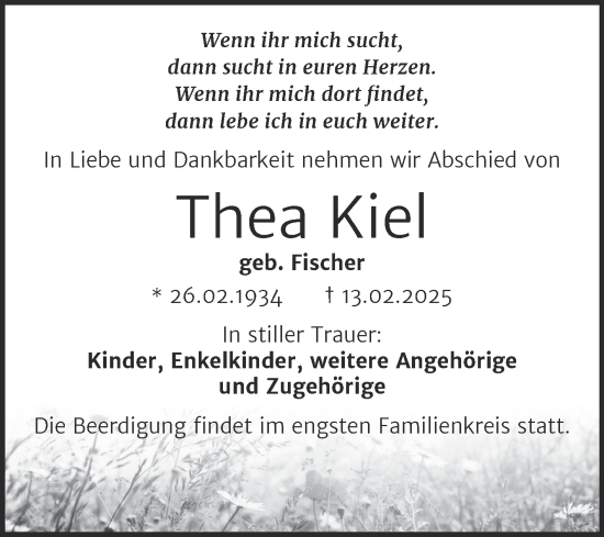 Traueranzeige von Thea Kiel von Mitteldeutsche Zeitung Halle/Saalkreis