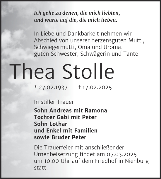 Traueranzeige von Thea Stolle von Trauerkombi Bernburg