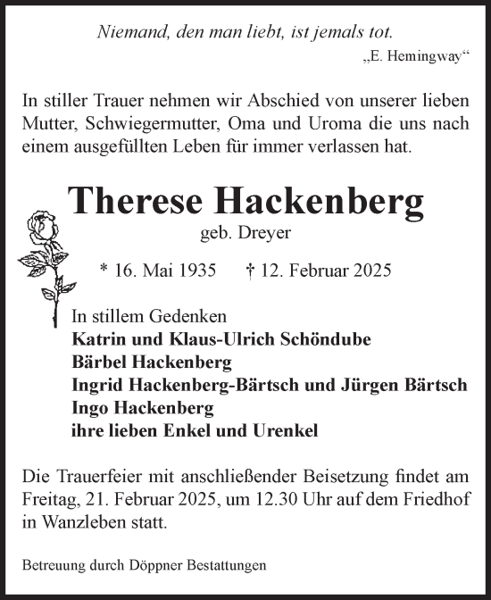 Traueranzeige von Therese Hackenberg von Volksstimme Oschersleben/Wanzleben
