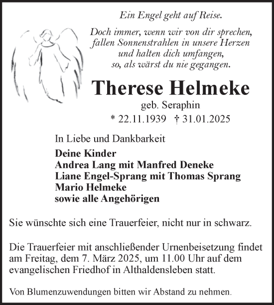 Traueranzeige von Therese Helmeke von Volksstimme Haldensleben/Wolmirstedt